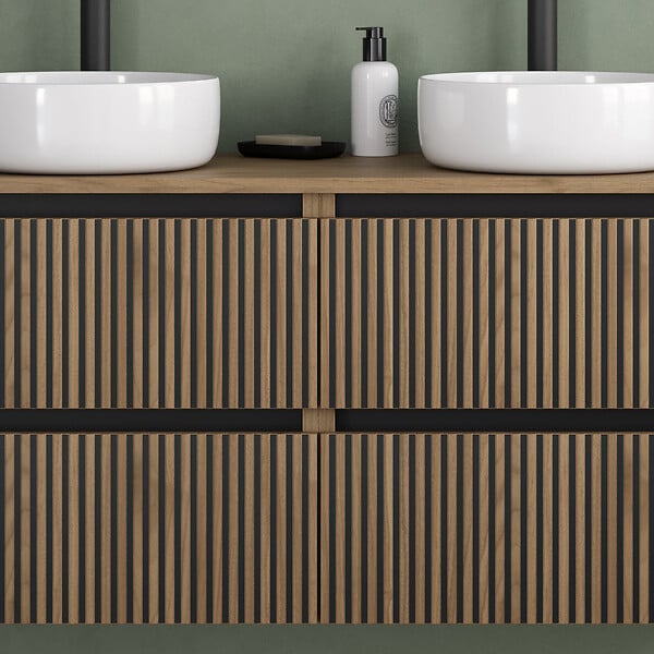 COSYNEO - Meuble de salle de bain 140cm avec plateau et 2 vasques à poser rondes - 4 tiroirs - sans miroir - noyer (bois foncé) - VENERIA - large