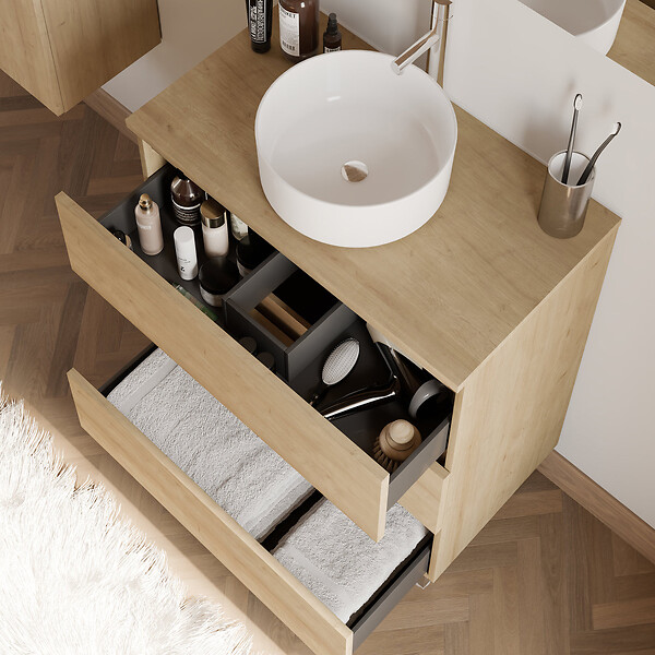 COSYNEO - Meuble de salle de bain 60cm avec plateau et vasque à poser ronde - 3 tiroirs - nebraska (chêne clair) - MAYOR - large