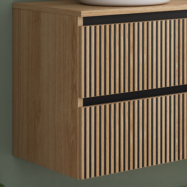 COSYNEO - Meuble de salle de bain 140cm avec plateau et 2 vasques à poser rondes - 4 tiroirs - sans miroir - roble era (chêne clair) - VENERIA - large