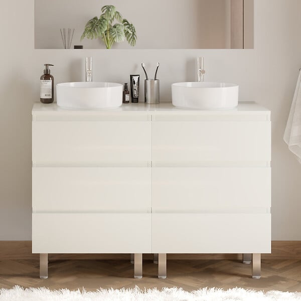 COSYNEO - Meuble de salle de bain 120cm avec plateau et 2 vasques à poser rondes - 6 tiroirs - blanc brillant - MAYOR - large