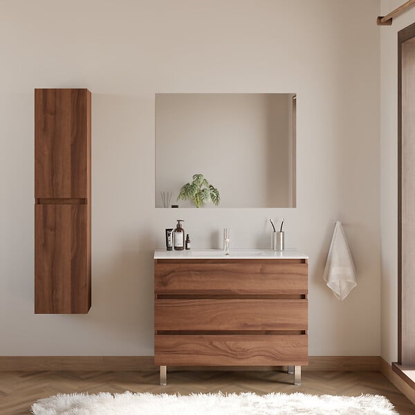COSYNEO - Meuble de salle de bain 90cm simple vasque - sans miroir - 3 tiroirs - noyer (bois foncé) - MAYOR - large