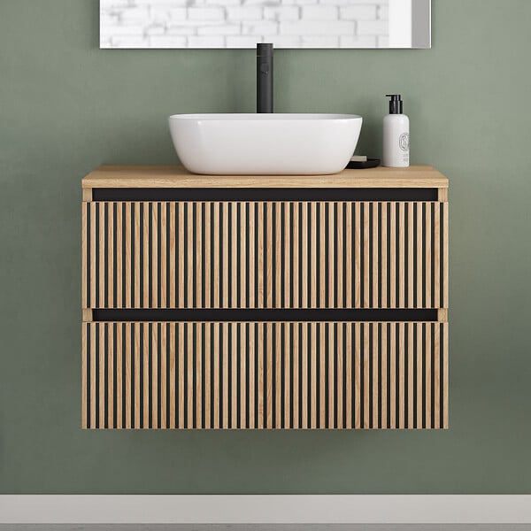 COSYNEO - Meuble de salle de bain 80cm avec plateau et vasque à poser arrondie - 2 tiroirs - roble era (chêne clair) - VENERIA - large