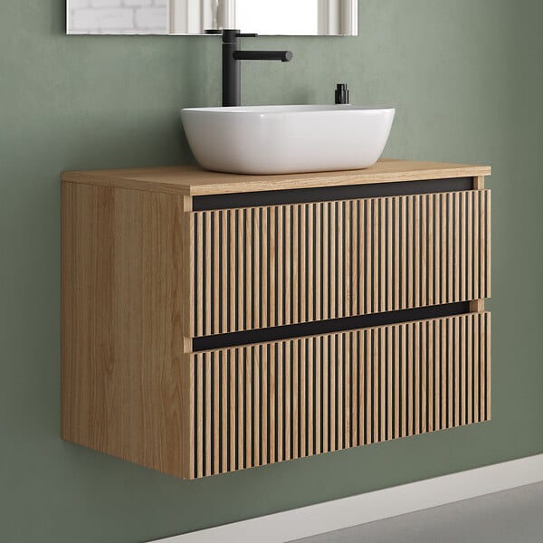 COSYNEO - Meuble de salle de bain 80cm avec plateau et vasque à poser arrondie - 2 tiroirs - roble era (chêne clair) - VENERIA - large