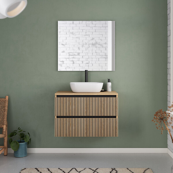 COSYNEO - Meuble de salle de bain 80cm avec plateau et vasque à poser arrondie - 2 tiroirs - roble era (chêne clair) - VENERIA - large