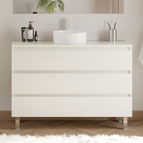 COSYNEO - Meuble de salle de bain 120cm avec plateau et vasque à poser ronde - 3 tiroirs - blanc brillant - MAYOR - large