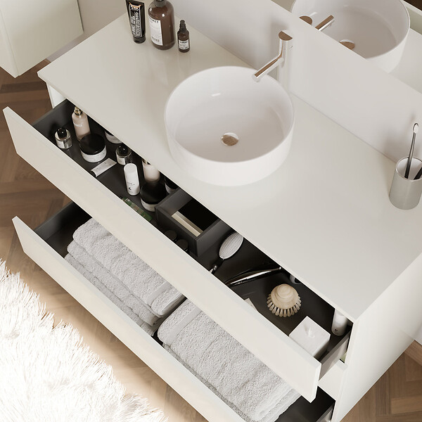 COSYNEO - Meuble de salle de bain 120cm avec plateau et vasque à poser ronde - 3 tiroirs - blanc brillant - MAYOR - large