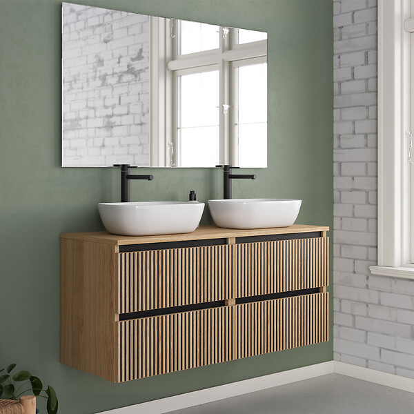 COSYNEO - Meuble de salle de bain 120cm avec plateau et 2 vasques à poser arrondies - 4 tiroirs - roble era (chêne clair) - VENERIA - large