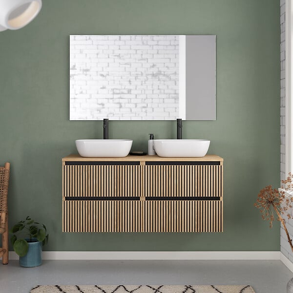 COSYNEO - Meuble de salle de bain 120cm avec plateau et 2 vasques à poser arrondies - 4 tiroirs - roble era (chêne clair) - VENERIA - large