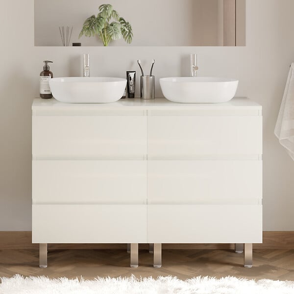 COSYNEO - Meuble de salle de bain 120cm avec plateau et 2 vasques à poser arrondies - 6 tiroirs - blanc brillant - MAYOR - large