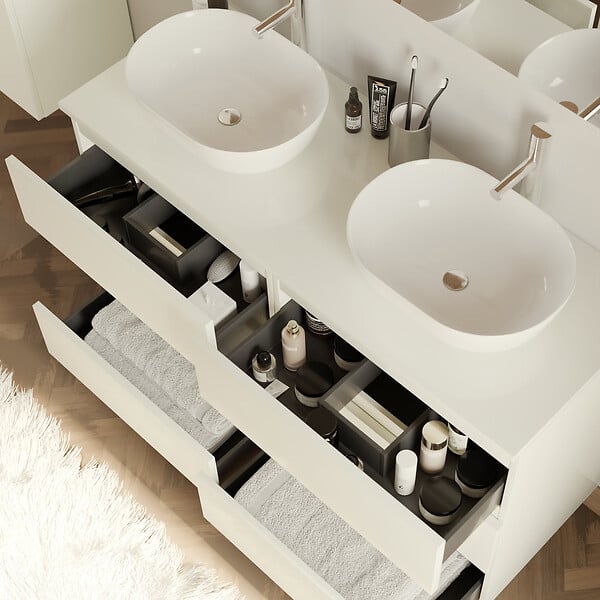 COSYNEO - Meuble de salle de bain 120cm avec plateau et 2 vasques à poser arrondies - 6 tiroirs - blanc brillant - MAYOR - large