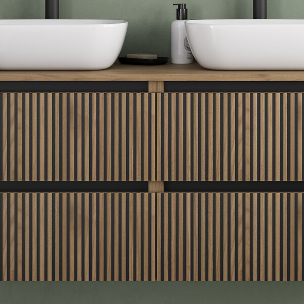 COSYNEO - Meuble de salle de bain 140cm avec plateau et 2 vasques à poser arrondies - 4 tiroirs - sans miroir - noyer (bois foncé) - VENERIA - large