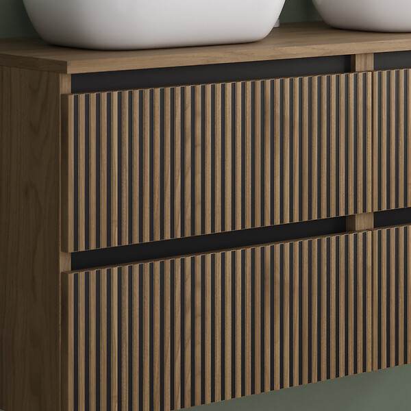 COSYNEO - Meuble de salle de bain 140cm avec plateau et 2 vasques à poser arrondies - 4 tiroirs - sans miroir - noyer (bois foncé) - VENERIA - large