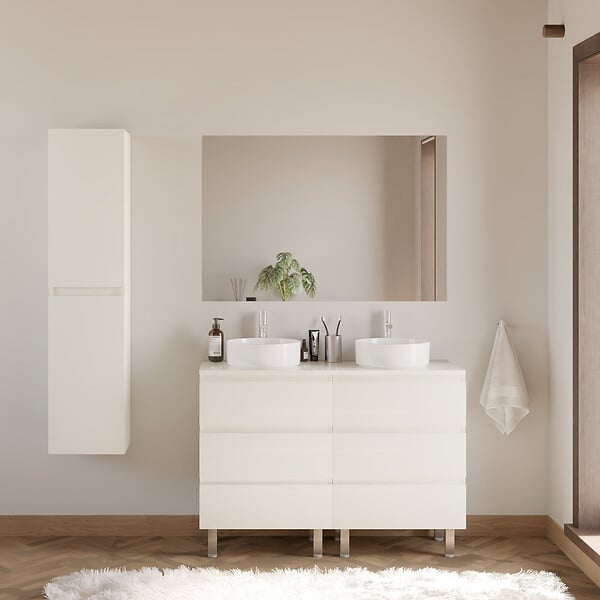 COSYNEO - Meuble de salle de bain 140cm avec plateau et 2 vasques à poser rondes - 6 tiroirs - sans miroir - blanc brillant - MAYOR - large