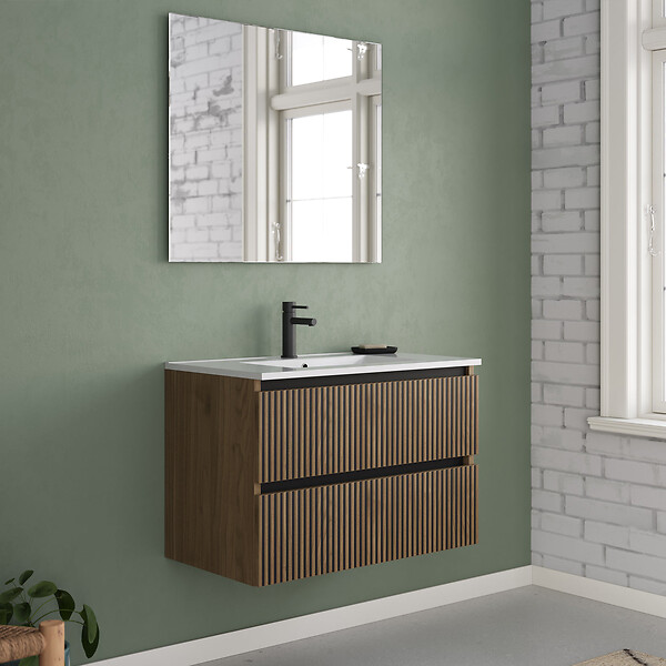 COSYNEO - Meuble de salle de bain 80cm simple vasque - 2 tiroirs - noyer (bois foncé) - VENERIA - large
