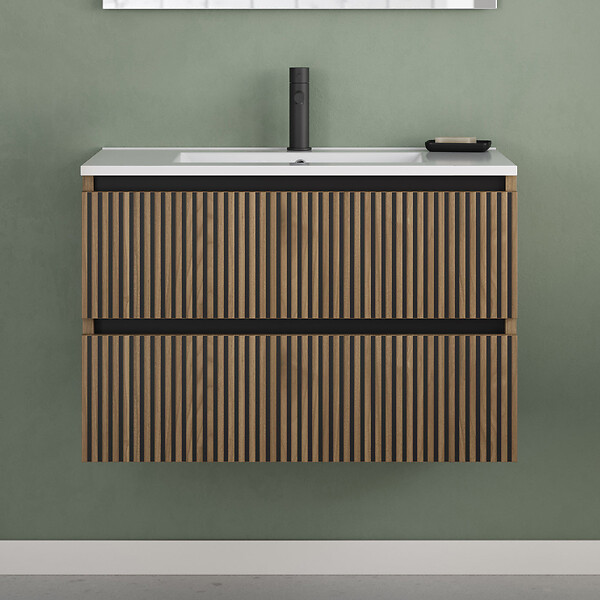 COSYNEO - Meuble de salle de bain 80cm simple vasque - 2 tiroirs - noyer (bois foncé) - VENERIA - large