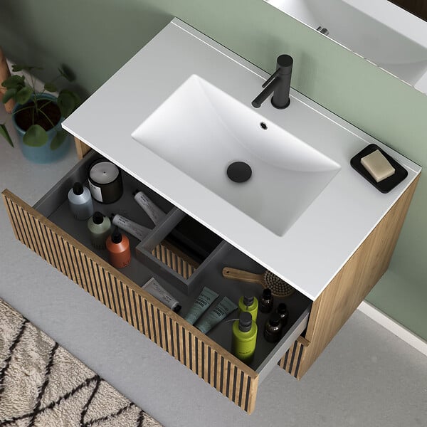 COSYNEO - Meuble de salle de bain 80cm simple vasque - 2 tiroirs - noyer (bois foncé) - VENERIA - large