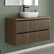 COSYNEO - Meuble de salle de bain 100cm avec plateau et vasque à poser arrondie - 2 tiroirs - sans miroir - noyer (bois foncé) - VENERIA - vignette