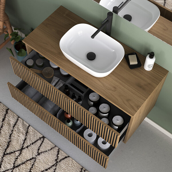 COSYNEO - Meuble de salle de bain 100cm avec plateau et vasque à poser arrondie - 2 tiroirs - sans miroir - noyer (bois foncé) - VENERIA - large