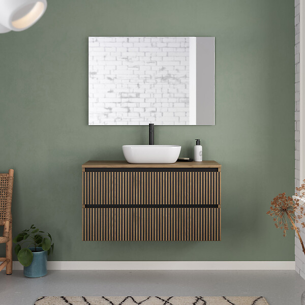 COSYNEO - Meuble de salle de bain 100cm avec plateau et vasque à poser arrondie - 2 tiroirs - sans miroir - noyer (bois foncé) - VENERIA - large