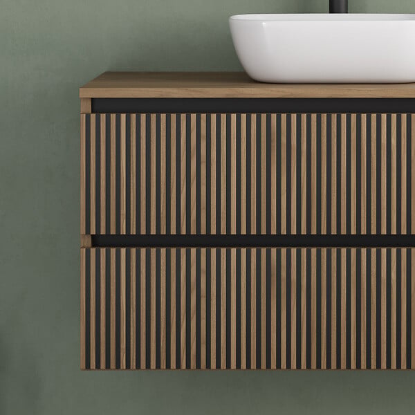 COSYNEO - Meuble de salle de bain 100cm avec plateau et vasque à poser arrondie - 2 tiroirs - sans miroir - noyer (bois foncé) - VENERIA - large