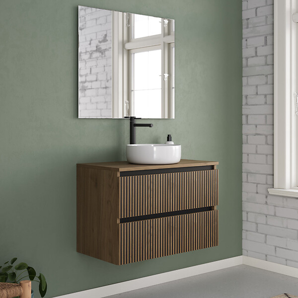 COSYNEO - Meuble de salle de bain 80cm avec plateau et vasque à poser ronde - 2 tiroirs - noyer (bois foncé) - VENERIA - large