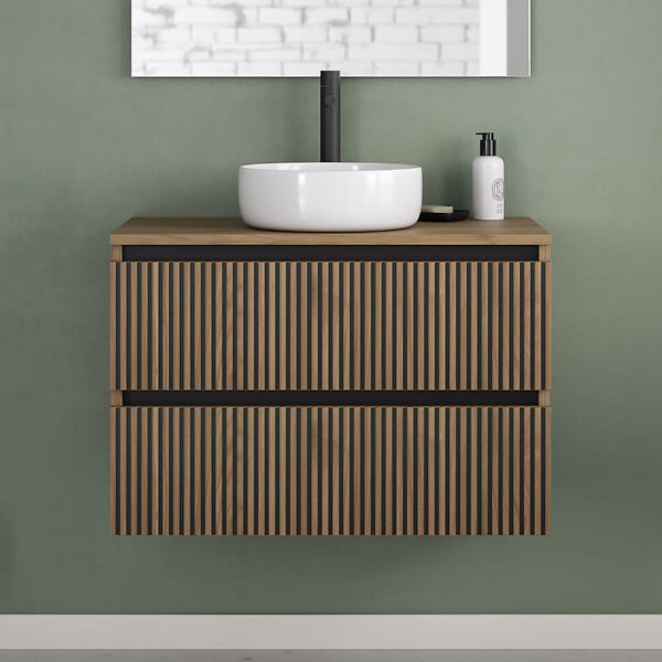 COSYNEO - Meuble de salle de bain 80cm avec plateau et vasque à poser ronde - 2 tiroirs - noyer (bois foncé) - VENERIA - large
