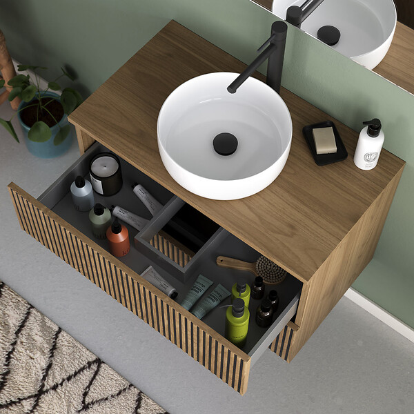 COSYNEO - Meuble de salle de bain 80cm avec plateau et vasque à poser ronde - 2 tiroirs - noyer (bois foncé) - VENERIA - large