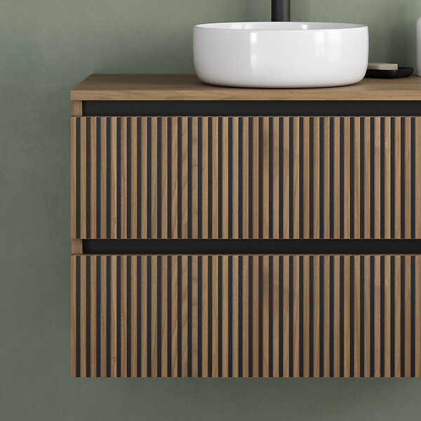 COSYNEO - Meuble de salle de bain 80cm avec plateau et vasque à poser ronde - 2 tiroirs - noyer (bois foncé) - VENERIA - large
