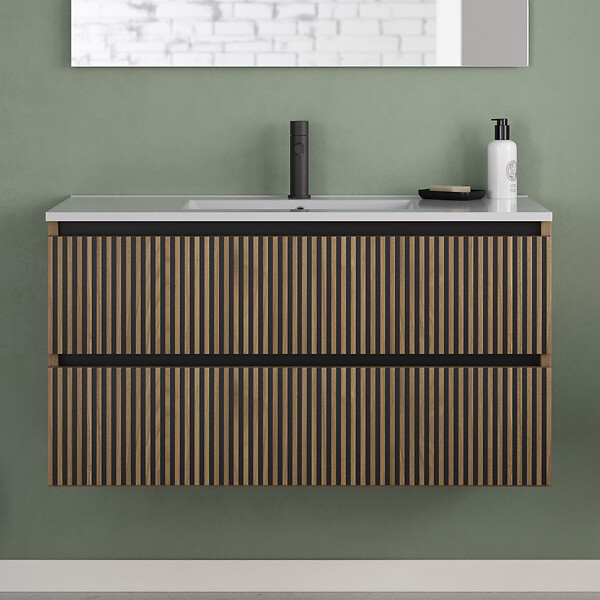 COSYNEO - Meuble de salle de bain 90cm simple vasque - 2 tiroirs - noyer (bois foncé) - VENERIA - large