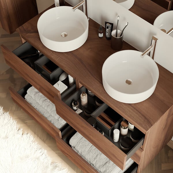 COSYNEO - Meuble de salle de bain 120cm avec plateau et 2 vasques à poser rondes - 6 tiroirs - sans miroir - noyer (bois foncé) - MAYOR - large