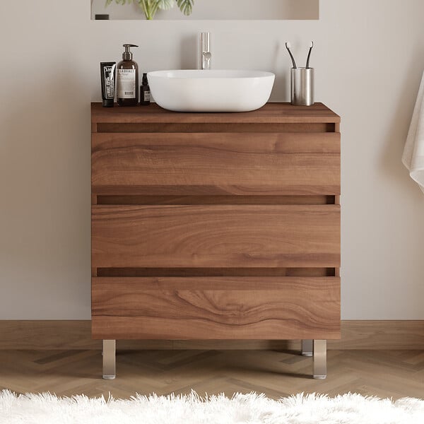 COSYNEO - Meuble de salle de bain 80cm avec plateau et vasque à poser arrondie - 3 tiroirs - noyer (bois foncé) - MAYOR - large