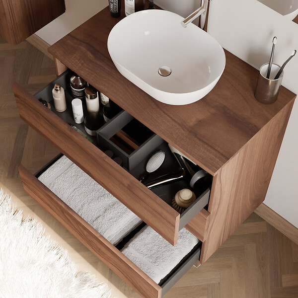 COSYNEO - Meuble de salle de bain 80cm avec plateau et vasque à poser arrondie - 3 tiroirs - noyer (bois foncé) - MAYOR - large