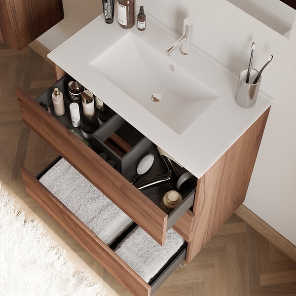 COSYNEO - Meuble de salle de bain 60cm simple vasque - 3 tiroirs - sans miroir - noyer (bois foncé) - MAYOR - large