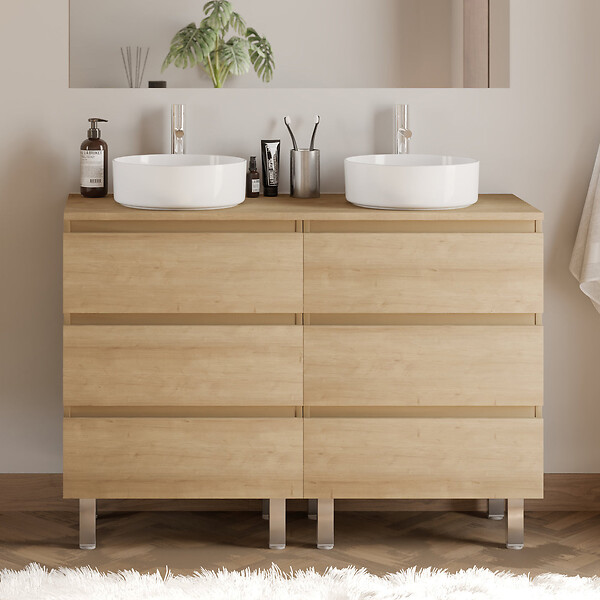 COSYNEO - Meuble de salle de bain 120cm avec plateau et 2 vasques à poser rondes - 6 tiroirs - nebraska (chêne clair) - MAYOR - large