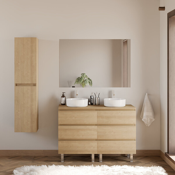 COSYNEO - Meuble de salle de bain 120cm avec plateau et 2 vasques à poser rondes - 6 tiroirs - nebraska (chêne clair) - MAYOR - large