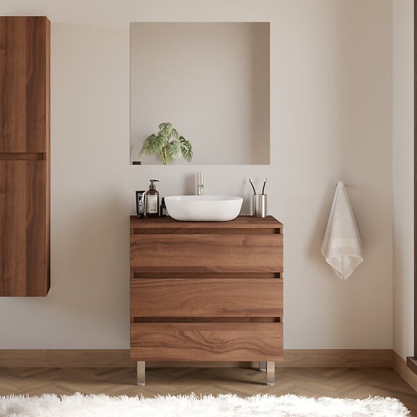 COSYNEO - Meuble de salle de bain 70cm avec plateau et vasque à poser arrondie - 3 tiroirs - sans miroir - noyer (bois foncé) - MAYOR - large