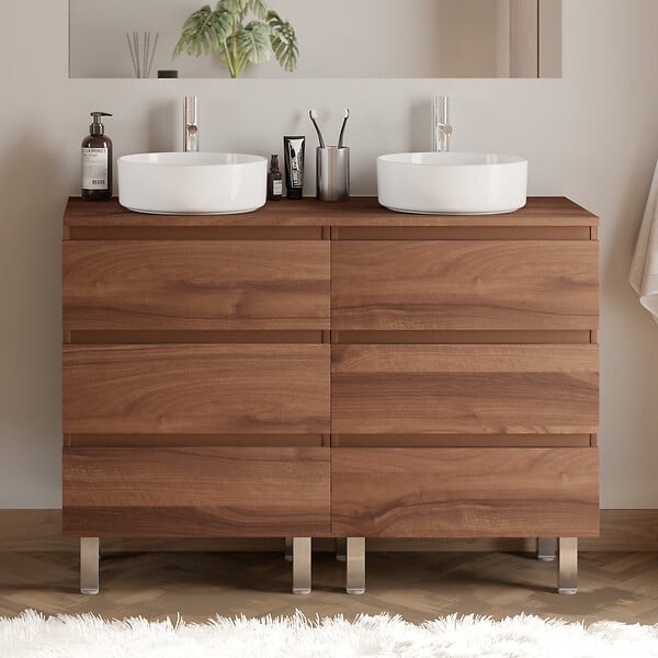 COSYNEO - Meuble de salle de bain 120cm avec plateau et 2 vasques à poser rondes - 6 tiroirs - noyer (bois foncé) - MAYOR - large