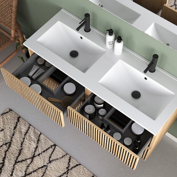 COSYNEO - Meuble de salle de bain 120cm double vasque - 4 tiroirs - sans miroir - roble era (chêne clair) - VENERIA - large