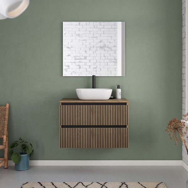 COSYNEO - Meuble de salle de bain 80cm avec plateau et vasque à poser arrondie - 2 tiroirs - sans miroir - noyer (bois foncé) - VENERIA - large