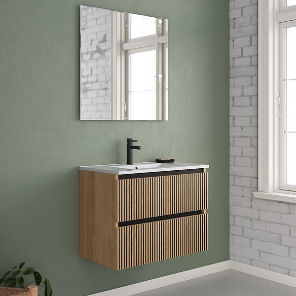 COSYNEO - Meuble de salle de bain 60cm simple vasque - 2 tiroirs - roble era (chêne clair) - VENERIA - large