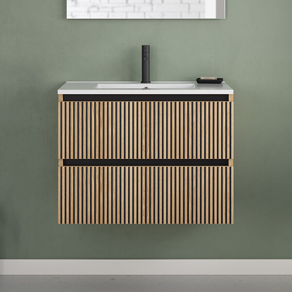 COSYNEO - Meuble de salle de bain 60cm simple vasque - 2 tiroirs - roble era (chêne clair) - VENERIA - large