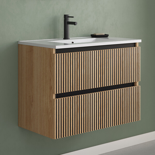 COSYNEO - Meuble de salle de bain 60cm simple vasque - 2 tiroirs - roble era (chêne clair) - VENERIA - large
