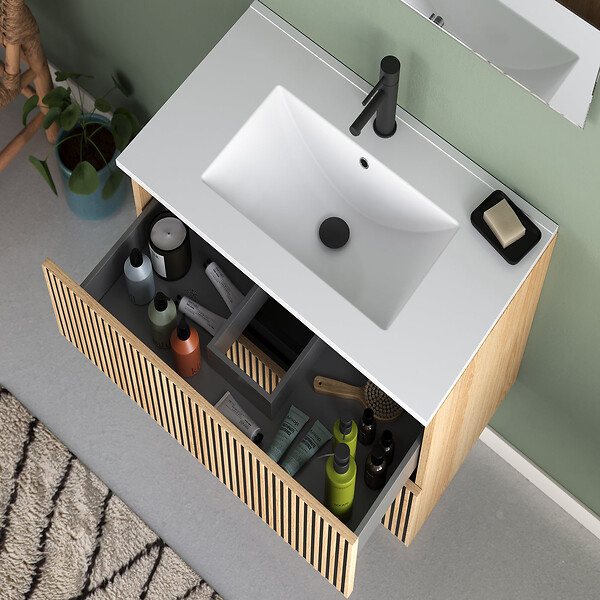 COSYNEO - Meuble de salle de bain 60cm simple vasque - 2 tiroirs - roble era (chêne clair) - VENERIA - large
