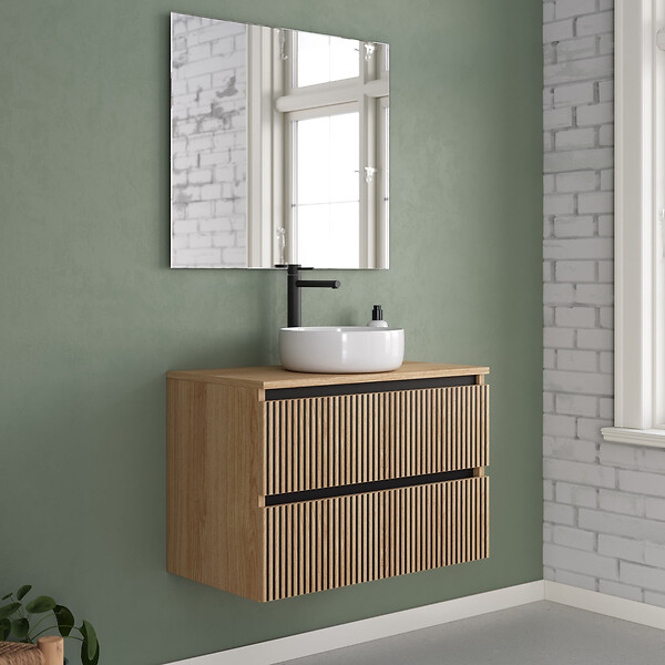 COSYNEO - Meuble de salle de bain 80cm avec plateau et vasque à poser ronde - 2 tiroirs - roble era (chêne clair) - VENERIA - large