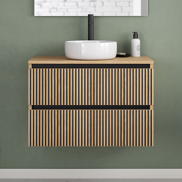 COSYNEO - Meuble de salle de bain 80cm avec plateau et vasque à poser ronde - 2 tiroirs - roble era (chêne clair) - VENERIA - large