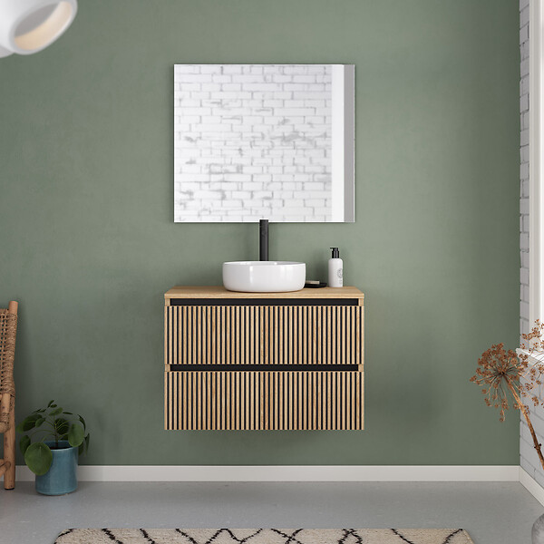 COSYNEO - Meuble de salle de bain 80cm avec plateau et vasque à poser ronde - 2 tiroirs - roble era (chêne clair) - VENERIA - large