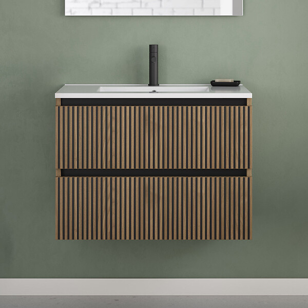 COSYNEO - Meuble de salle de bain 70cm simple vasque - 2 tiroirs - noyer (bois foncé) - VENERIA - large