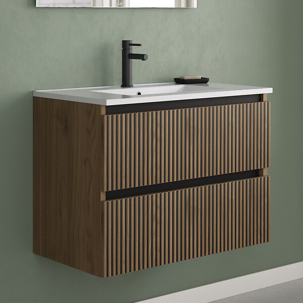 COSYNEO - Meuble de salle de bain 70cm simple vasque - 2 tiroirs - noyer (bois foncé) - VENERIA - large