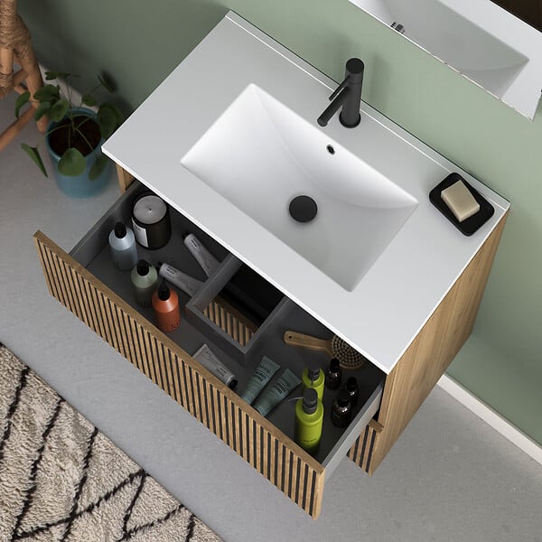 COSYNEO - Meuble de salle de bain 70cm simple vasque - 2 tiroirs - noyer (bois foncé) - VENERIA - large