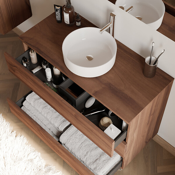 COSYNEO - Meuble de salle de bain 90cm avec plateau et vasque à poser ronde - 3 tiroirs - sans miroir - noyer (bois foncé) - MAYOR - large